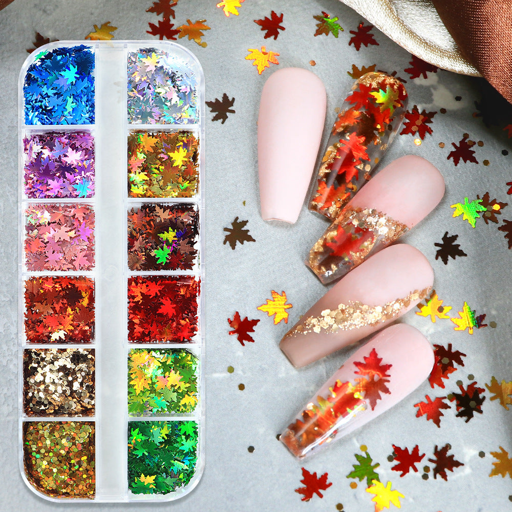 12-grid set of laser maple leaf nail sequins, Christmas colors, 6mm leaf nail decorations, wholesale Christmas sequins