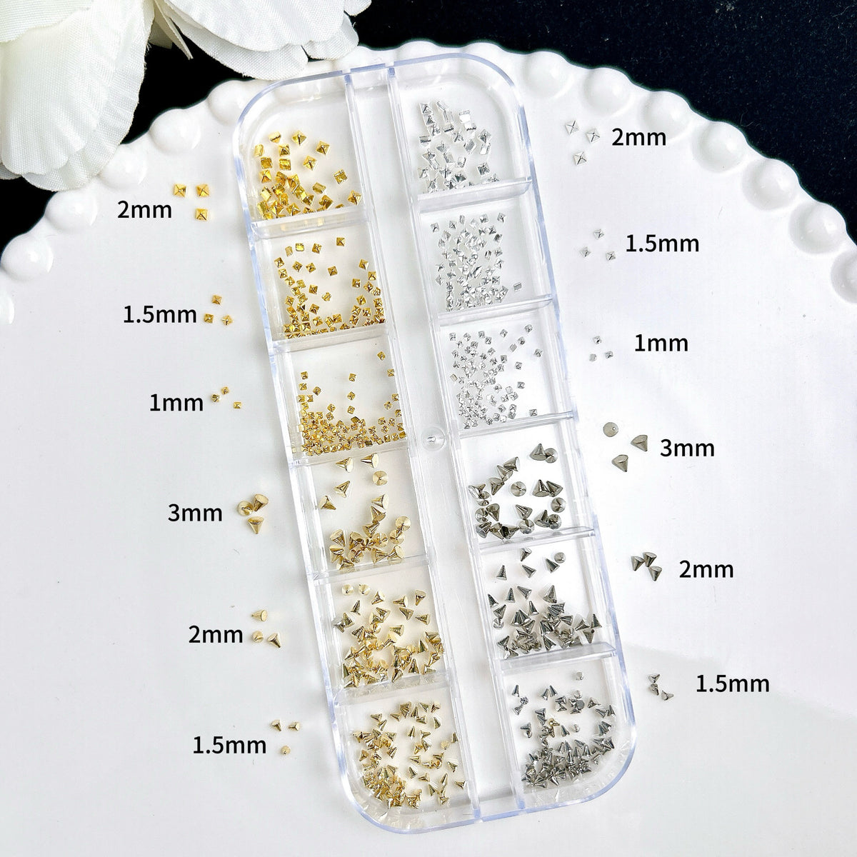 Punk Y2K Nail Charm Set | Rivets, Steel Beads & Cone Studs | 12-Grid Box