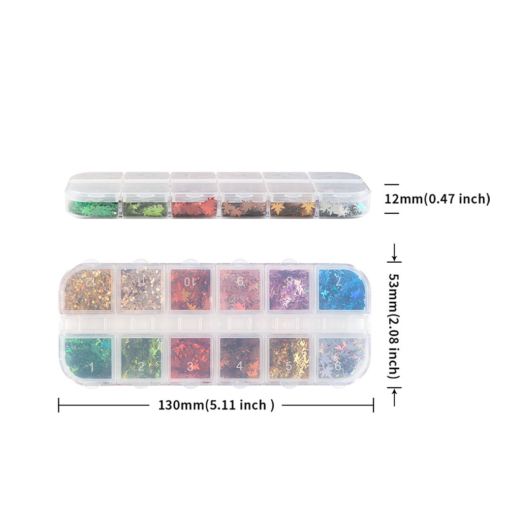 12-grid set of laser maple leaf nail sequins, Christmas colors, 6mm leaf nail decorations, wholesale Christmas sequins