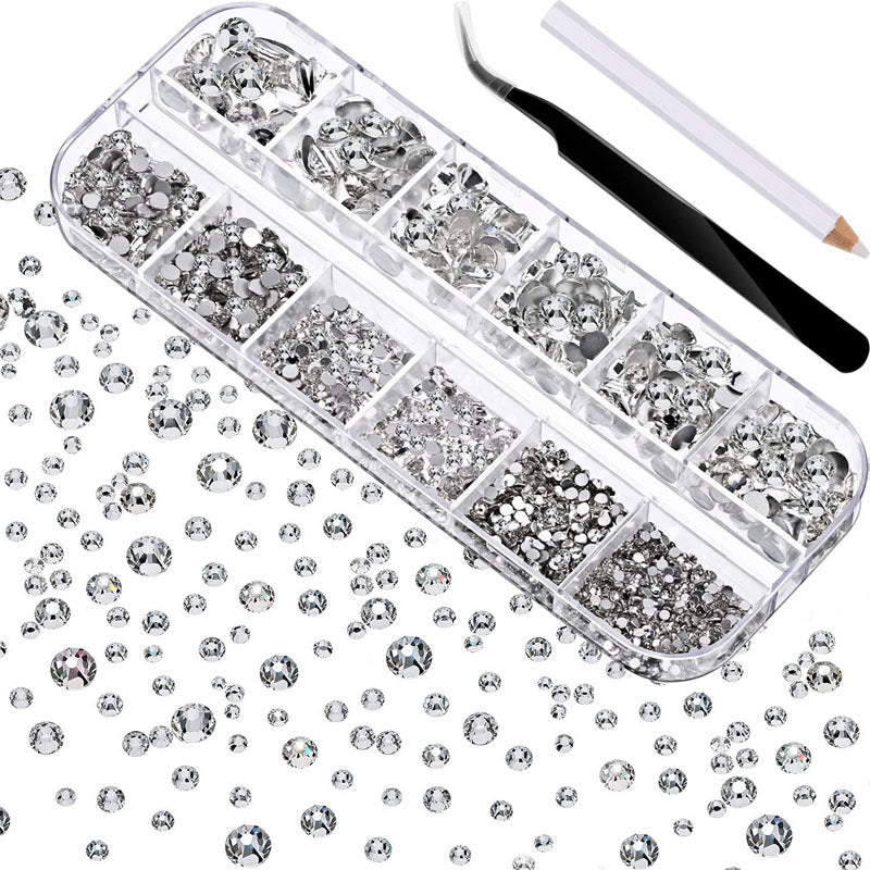 Crystal Glass Rhinestone Nail Kit | 12-Grid Flat-Back Diamond Set