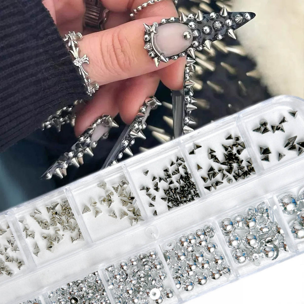 Punk Y2K Nail Charm Set | Rivets, Steel Beads & Cone Studs | 12-Grid Box