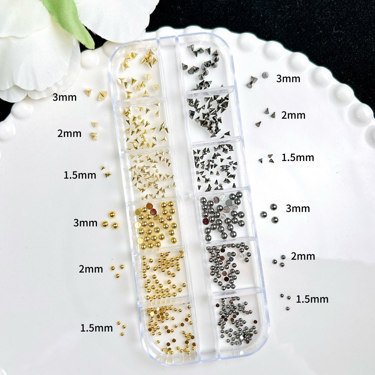 Punk Y2K Nail Charm Set | Rivets, Steel Beads & Cone Studs | 12-Grid Box