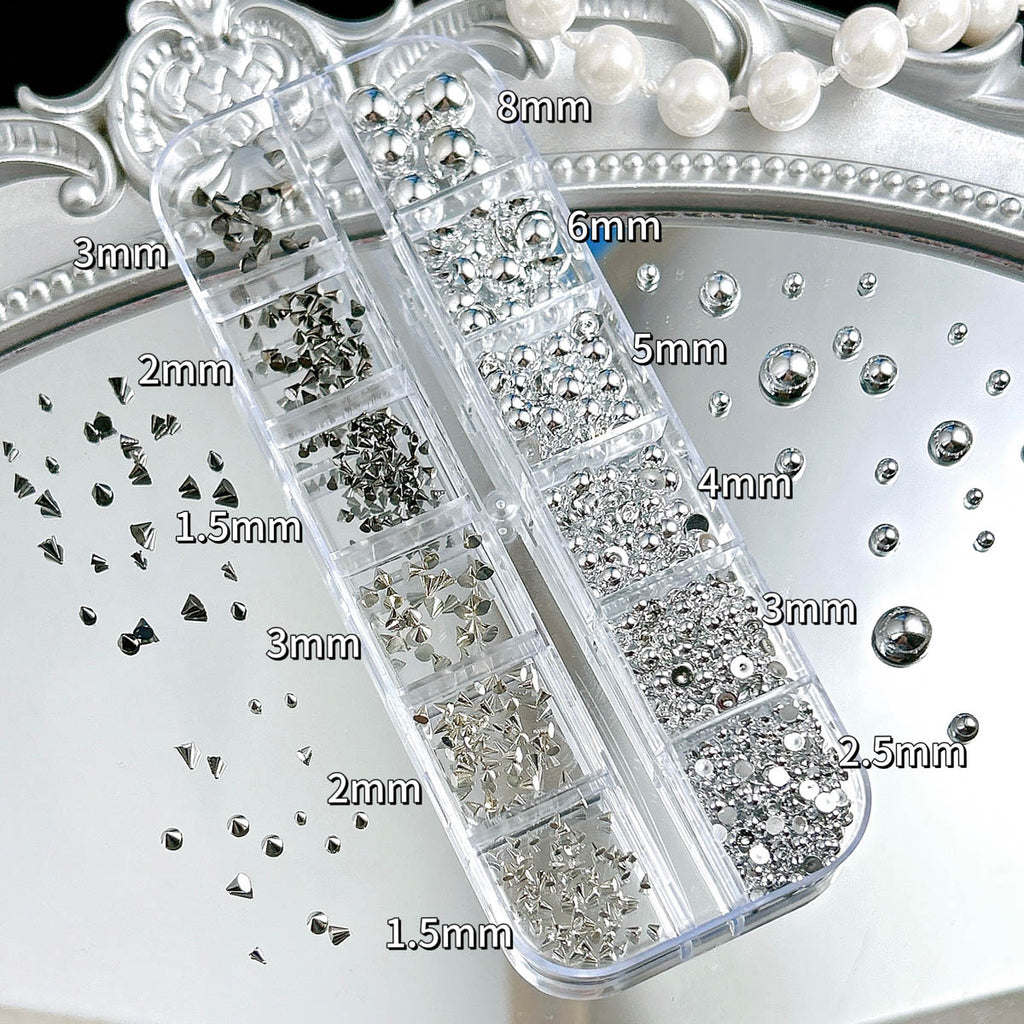 Punk Y2K Nail Charm Set | Rivets, Steel Beads & Cone Studs | 12-Grid Box