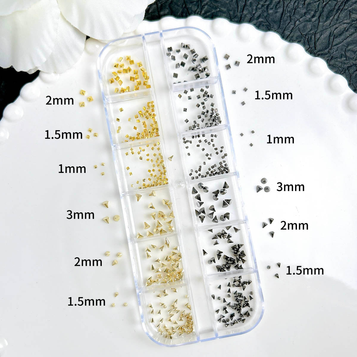 Punk Y2K Nail Charm Set | Rivets, Steel Beads & Cone Studs | 12-Grid Box