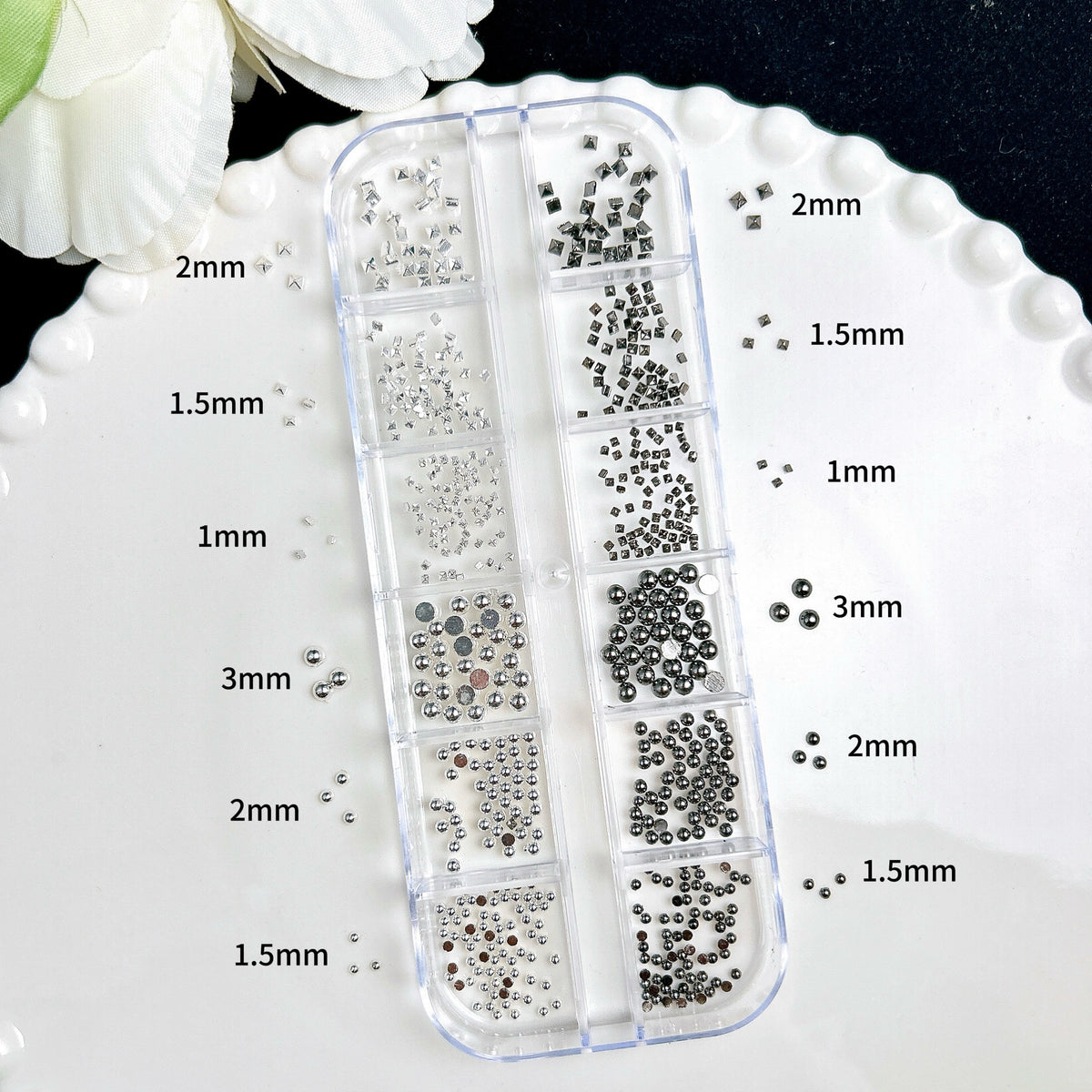 Punk Y2K Nail Charm Set | Rivets, Steel Beads & Cone Studs | 12-Grid Box