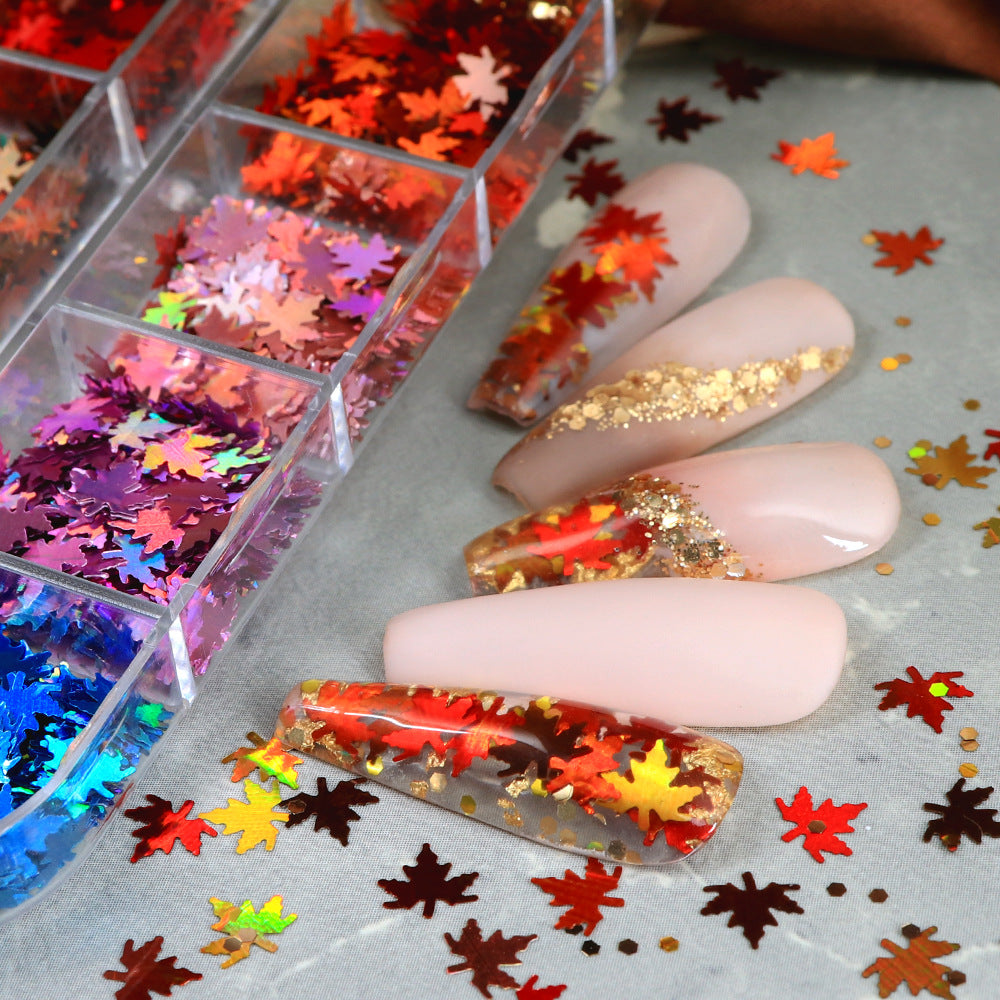 12-grid set of laser maple leaf nail sequins, Christmas colors, 6mm leaf nail decorations, wholesale Christmas sequins