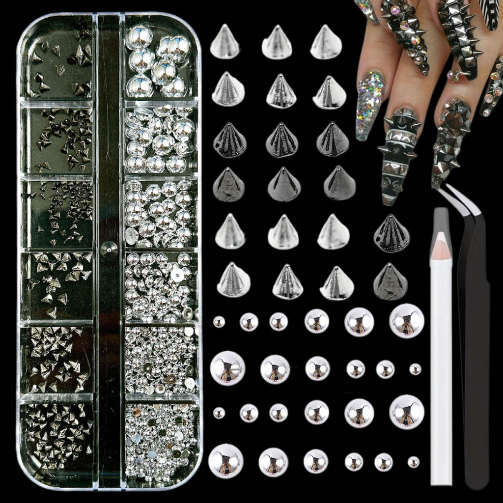 Punk Y2K Nail Charm Set | Rivets, Steel Beads & Cone Studs | 12-Grid Box