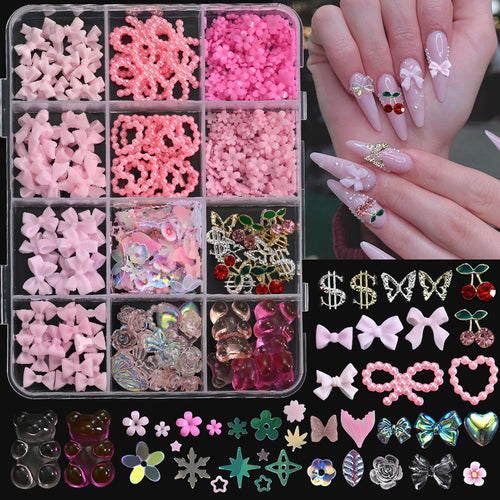 12-Grid Nail Jewelry Set | Bows, Pearls, Butterflies & More