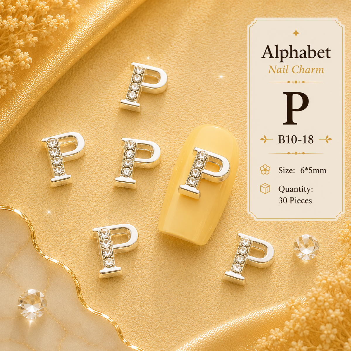 Alphabet Letter Nail Charms | A–Z Alloy Diamond-Encrusted Set