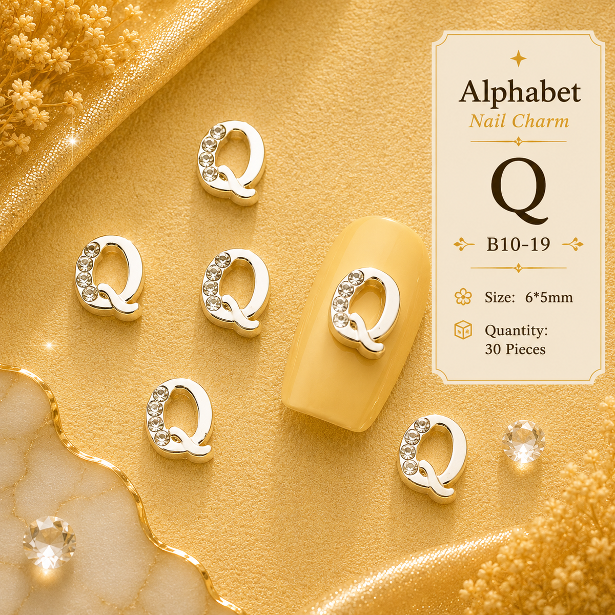 Alphabet Letter Nail Charms | A–Z Alloy Diamond-Encrusted Set