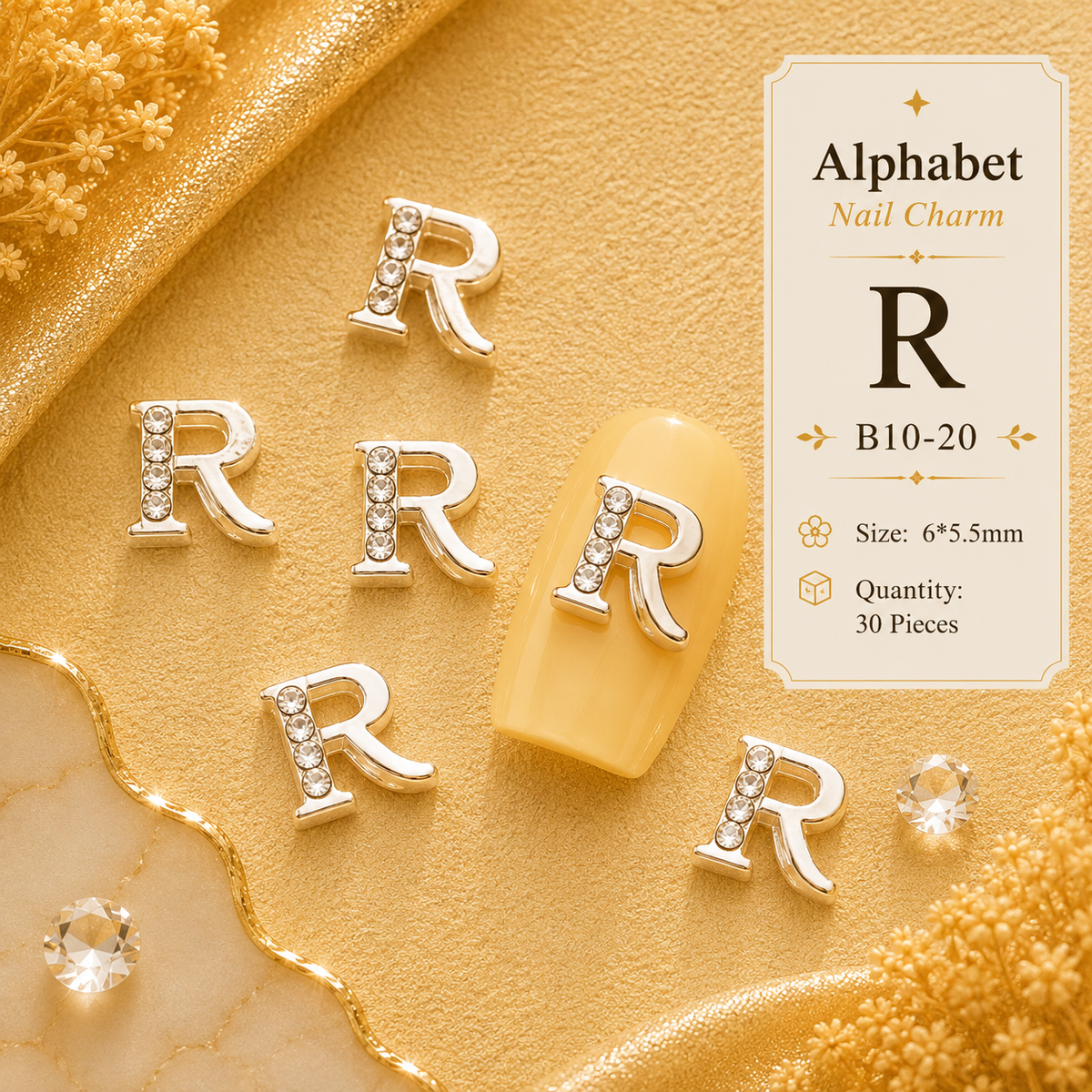 Alphabet Letter Nail Charms | A–Z Alloy Diamond-Encrusted Set