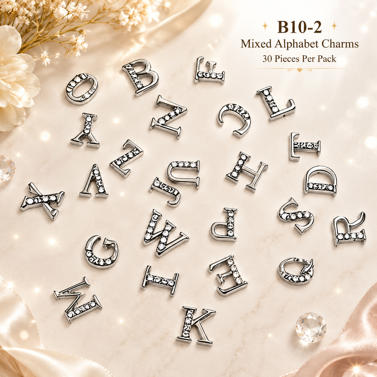 Alphabet Letter Nail Charms | A–Z Alloy Diamond-Encrusted Set