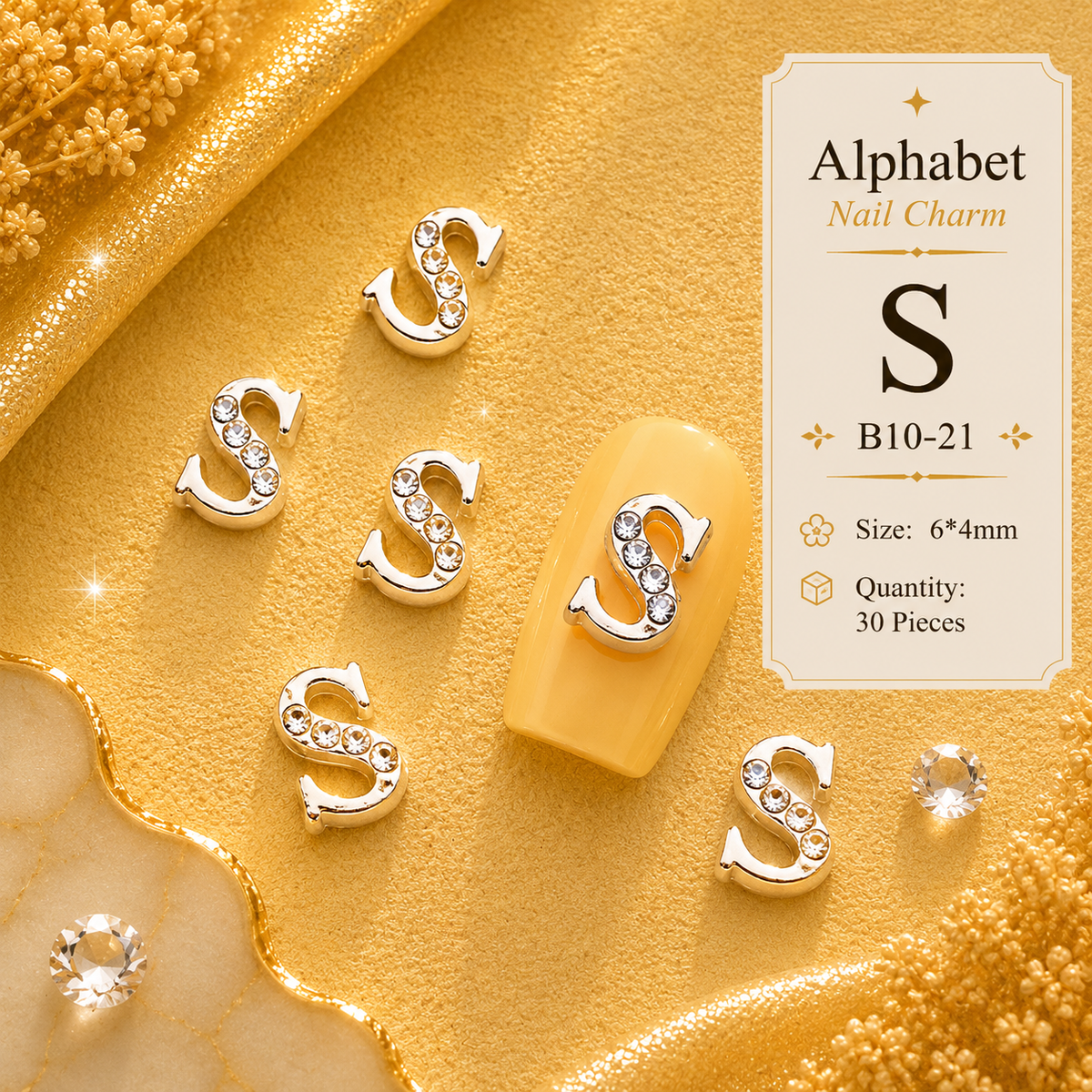 Alphabet Letter Nail Charms | A–Z Alloy Diamond-Encrusted Set