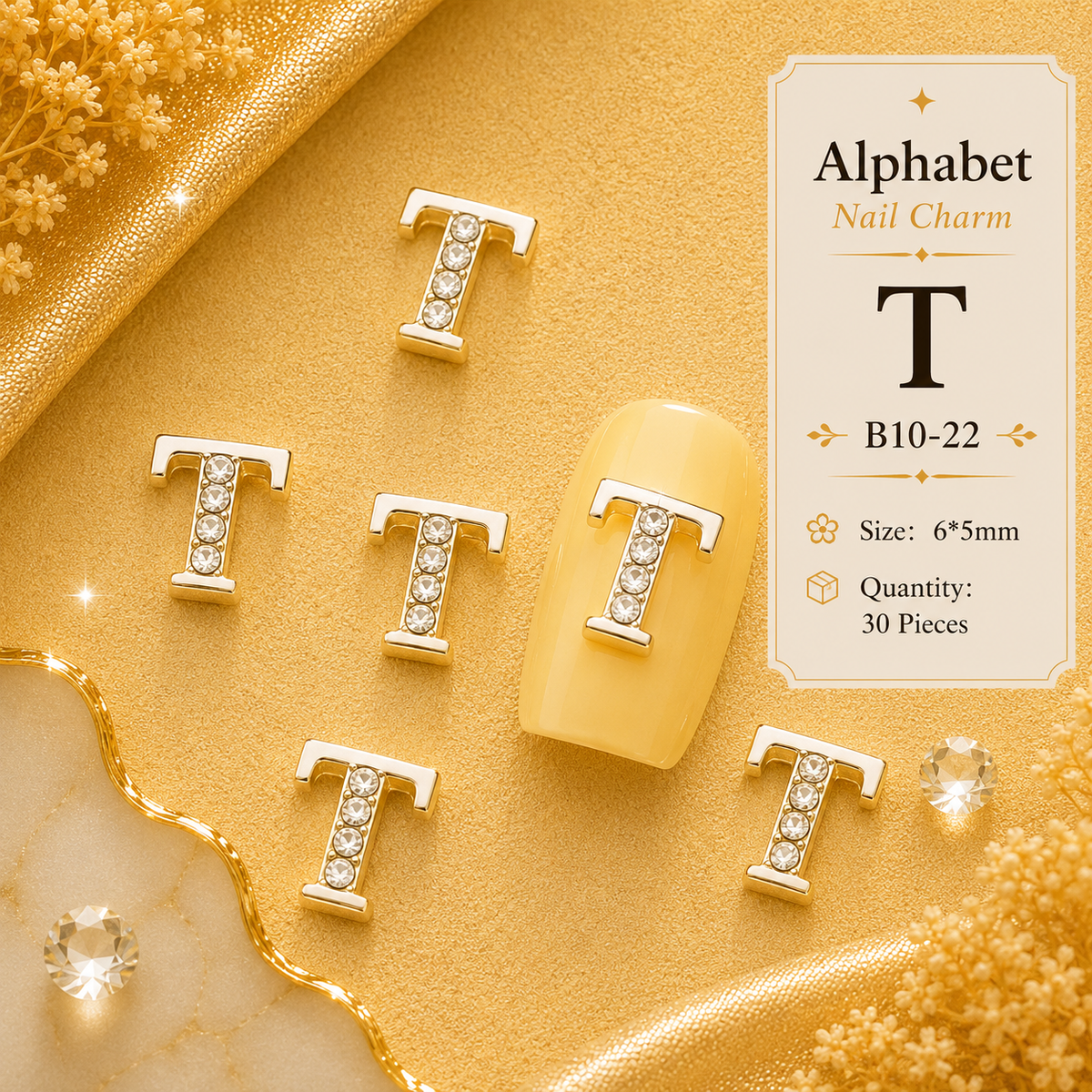 Alphabet Letter Nail Charms | A–Z Alloy Diamond-Encrusted Set