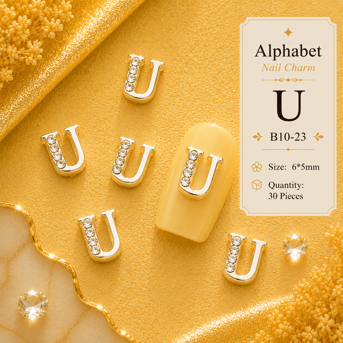 Alphabet Letter Nail Charms | A–Z Alloy Diamond-Encrusted Set
