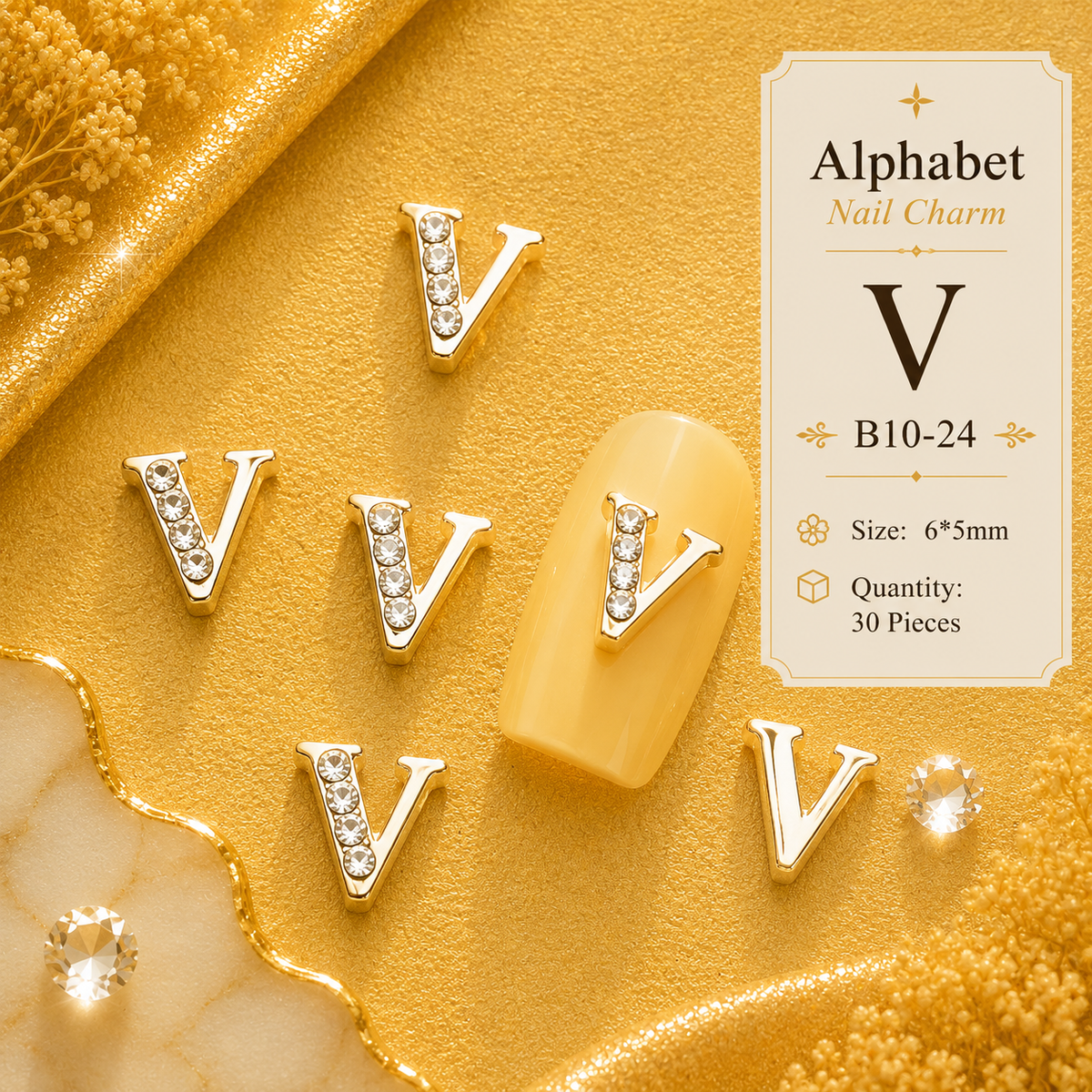 Alphabet Letter Nail Charms | A–Z Alloy Diamond-Encrusted Set