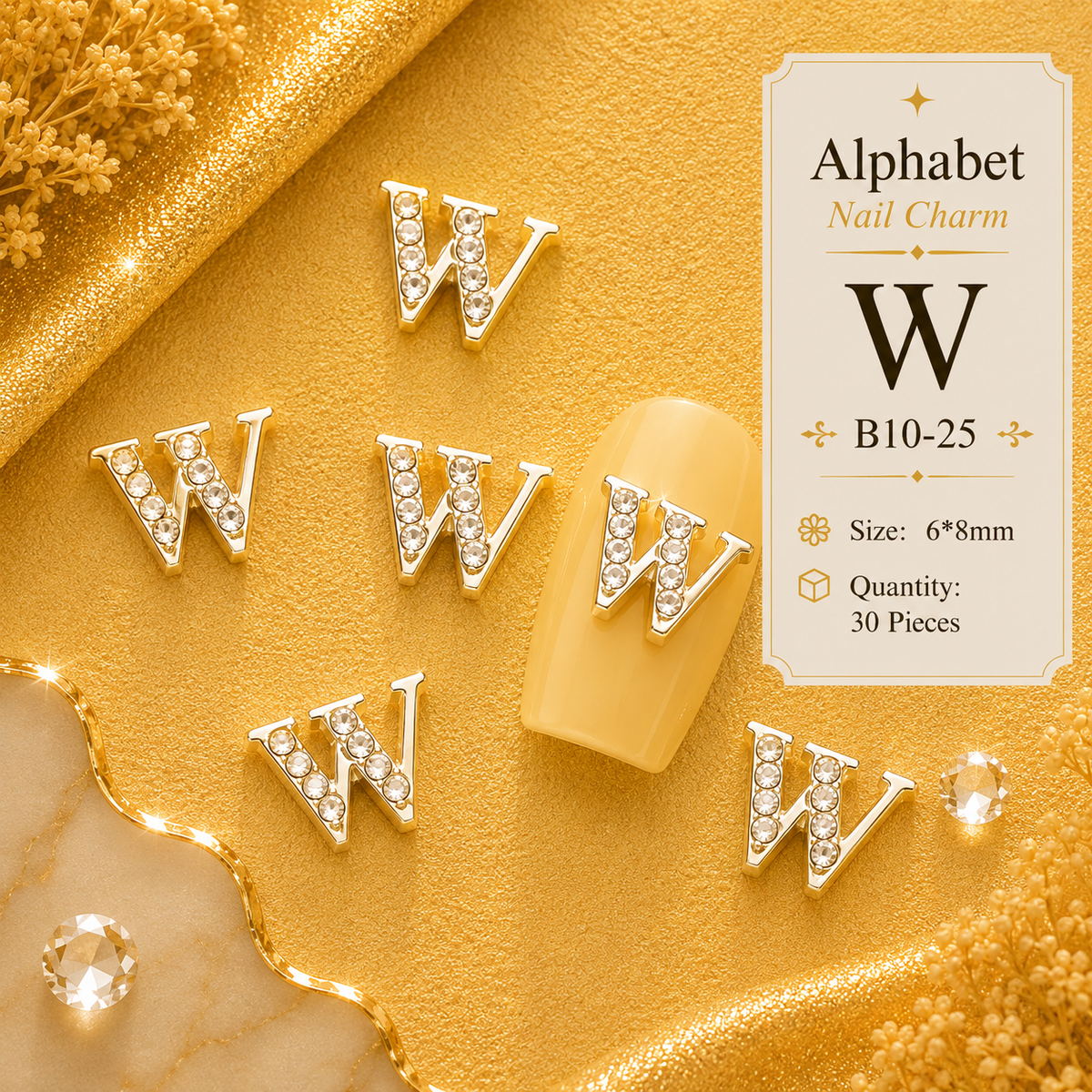 Alphabet Letter Nail Charms | A–Z Alloy Diamond-Encrusted Set