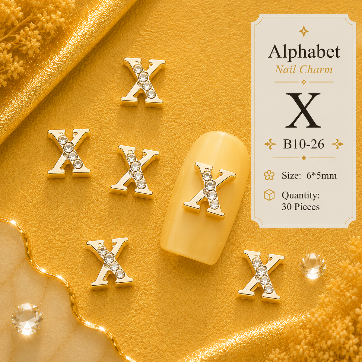 Alphabet Letter Nail Charms | A–Z Alloy Diamond-Encrusted Set