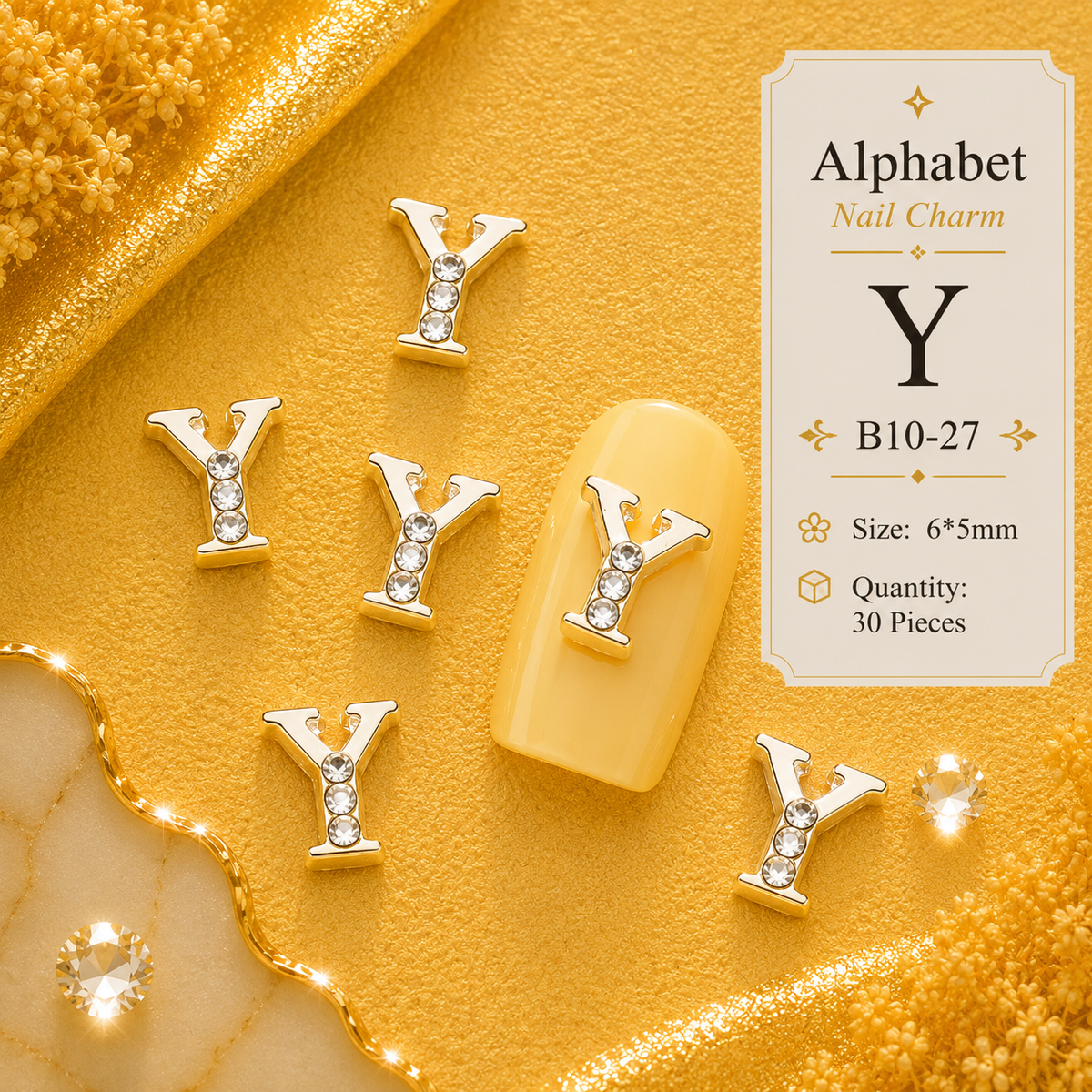 Alphabet Letter Nail Charms | A–Z Alloy Diamond-Encrusted Set