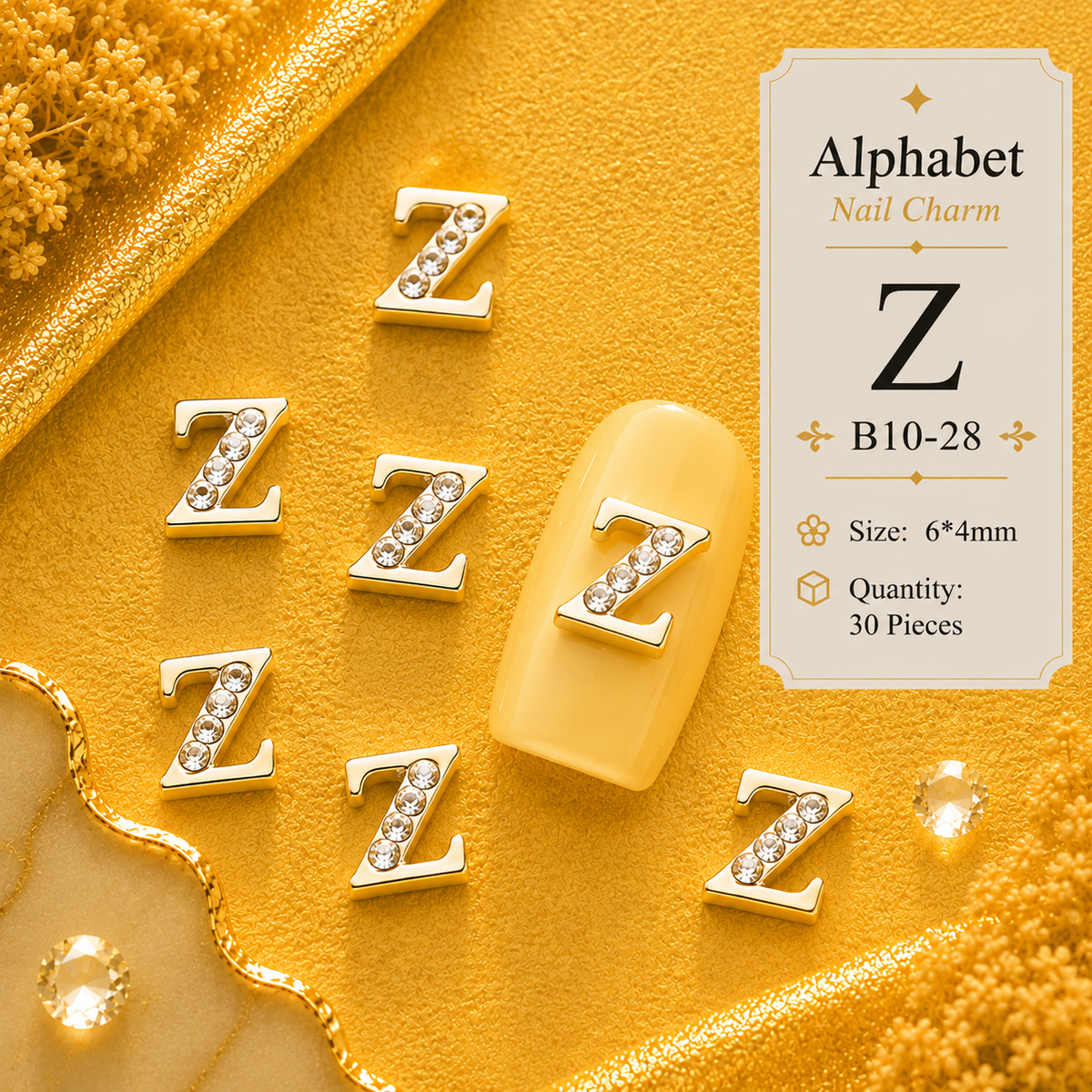 Alphabet Letter Nail Charms | A–Z Alloy Diamond-Encrusted Set