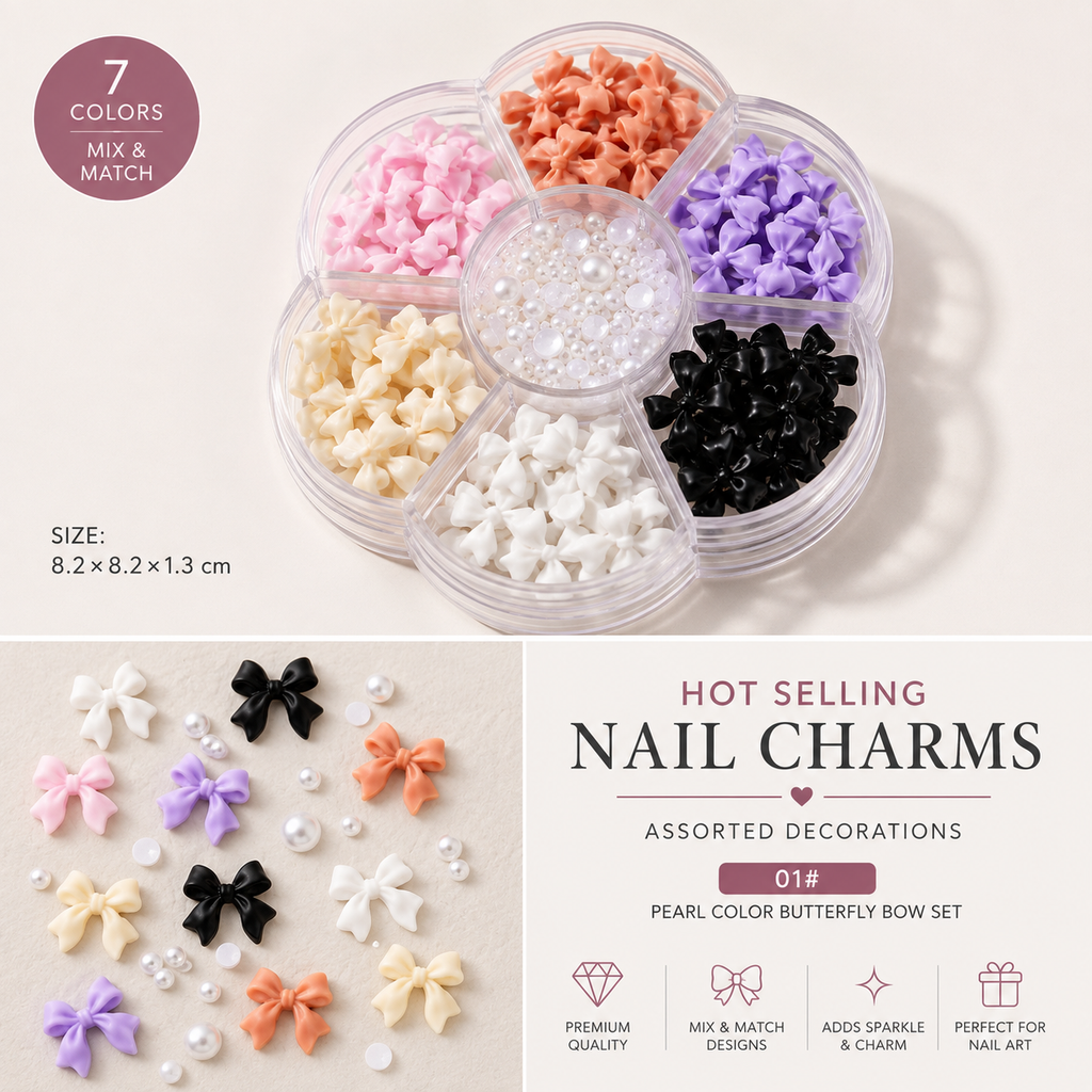 7-Grid Nail Art Charm Box | Aurora, Bows, Bears, Rhinestones & More