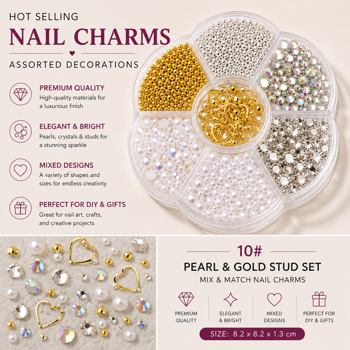 7-Grid Nail Art Charm Box | Aurora, Bows, Bears, Rhinestones & More