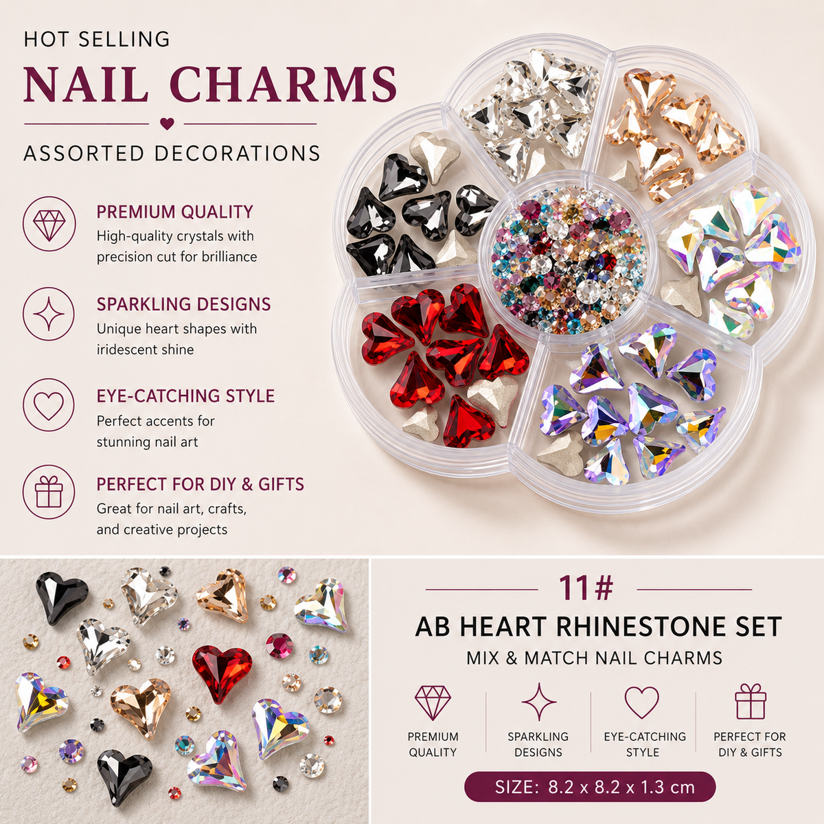 7-Grid Nail Art Charm Box | Aurora, Bows, Bears, Rhinestones & More