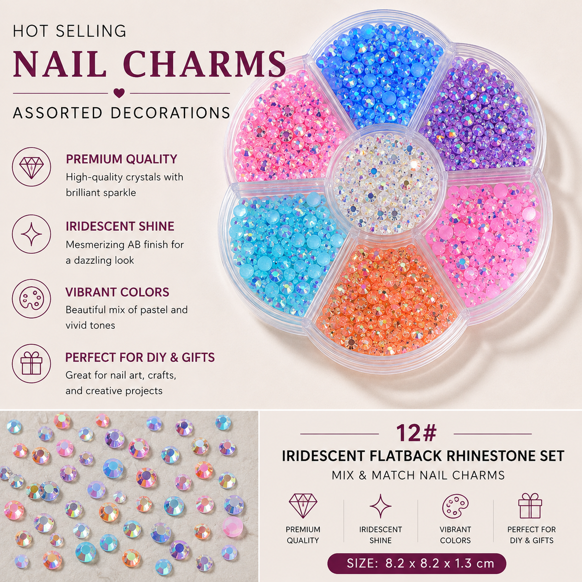 7-Grid Nail Art Charm Box | Aurora, Bows, Bears, Rhinestones & More