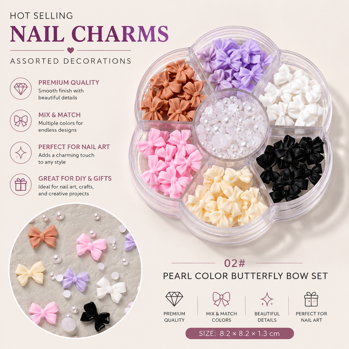 7-Grid Nail Art Charm Box | Aurora, Bows, Bears, Rhinestones & More
