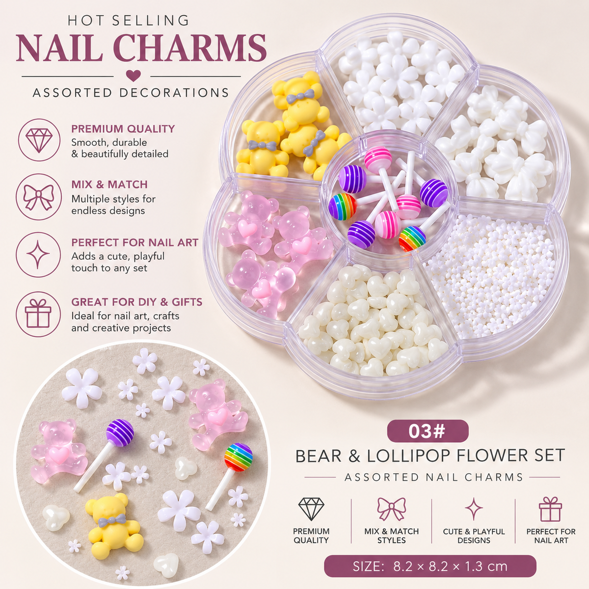 7-Grid Nail Art Charm Box | Aurora, Bows, Bears, Rhinestones & More