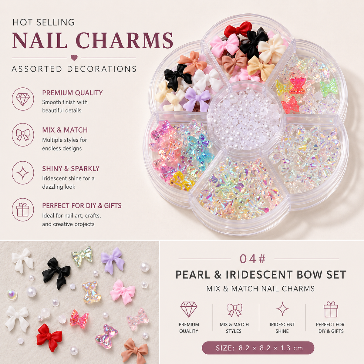 7-Grid Nail Art Charm Box | Aurora, Bows, Bears, Rhinestones & More