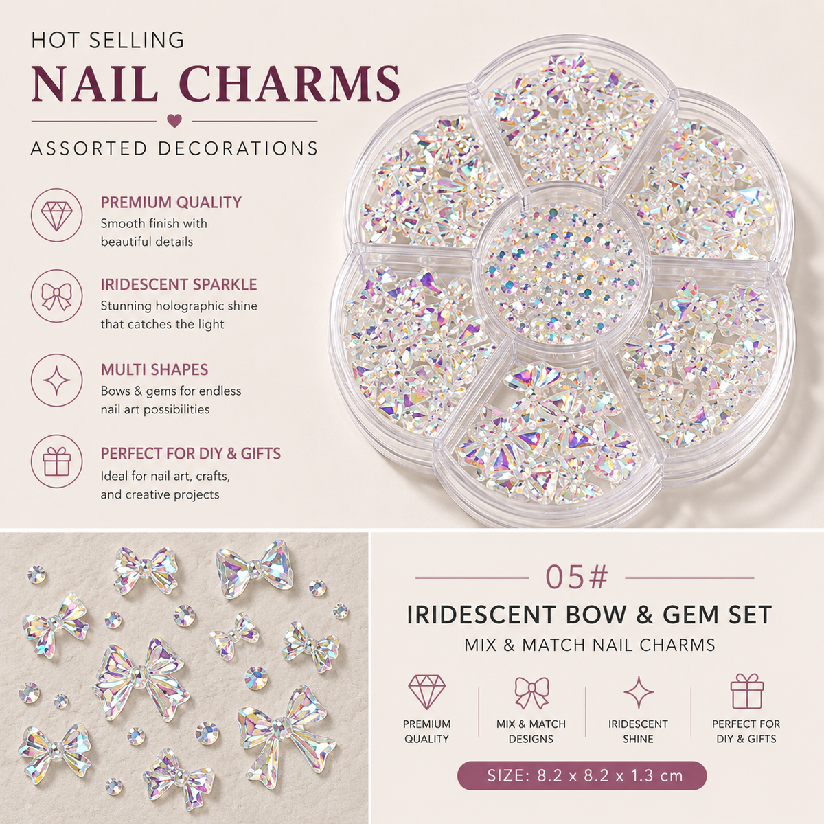 7-Grid Nail Art Charm Box | Aurora, Bows, Bears, Rhinestones & More
