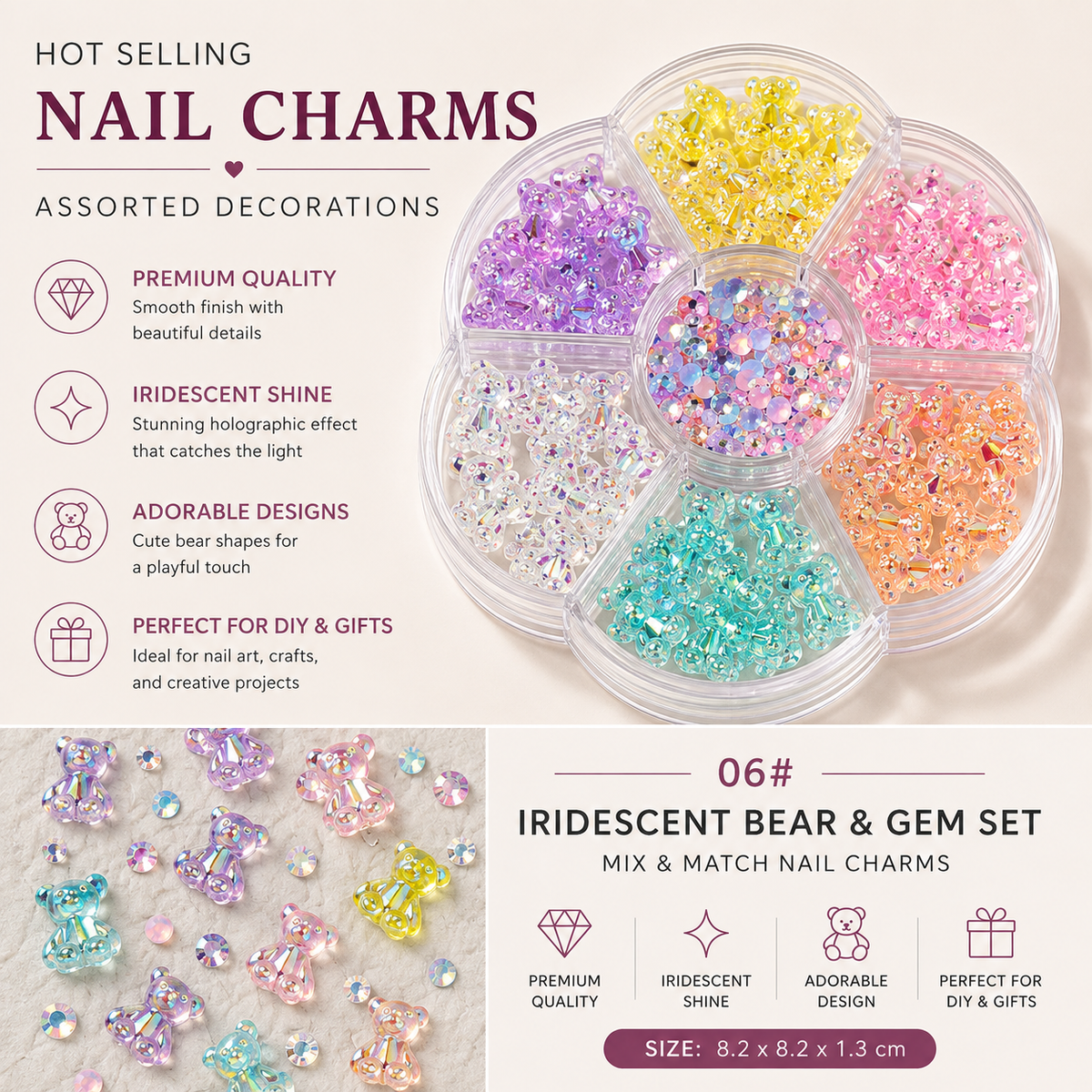 7-Grid Nail Art Charm Box | Aurora, Bows, Bears, Rhinestones & More