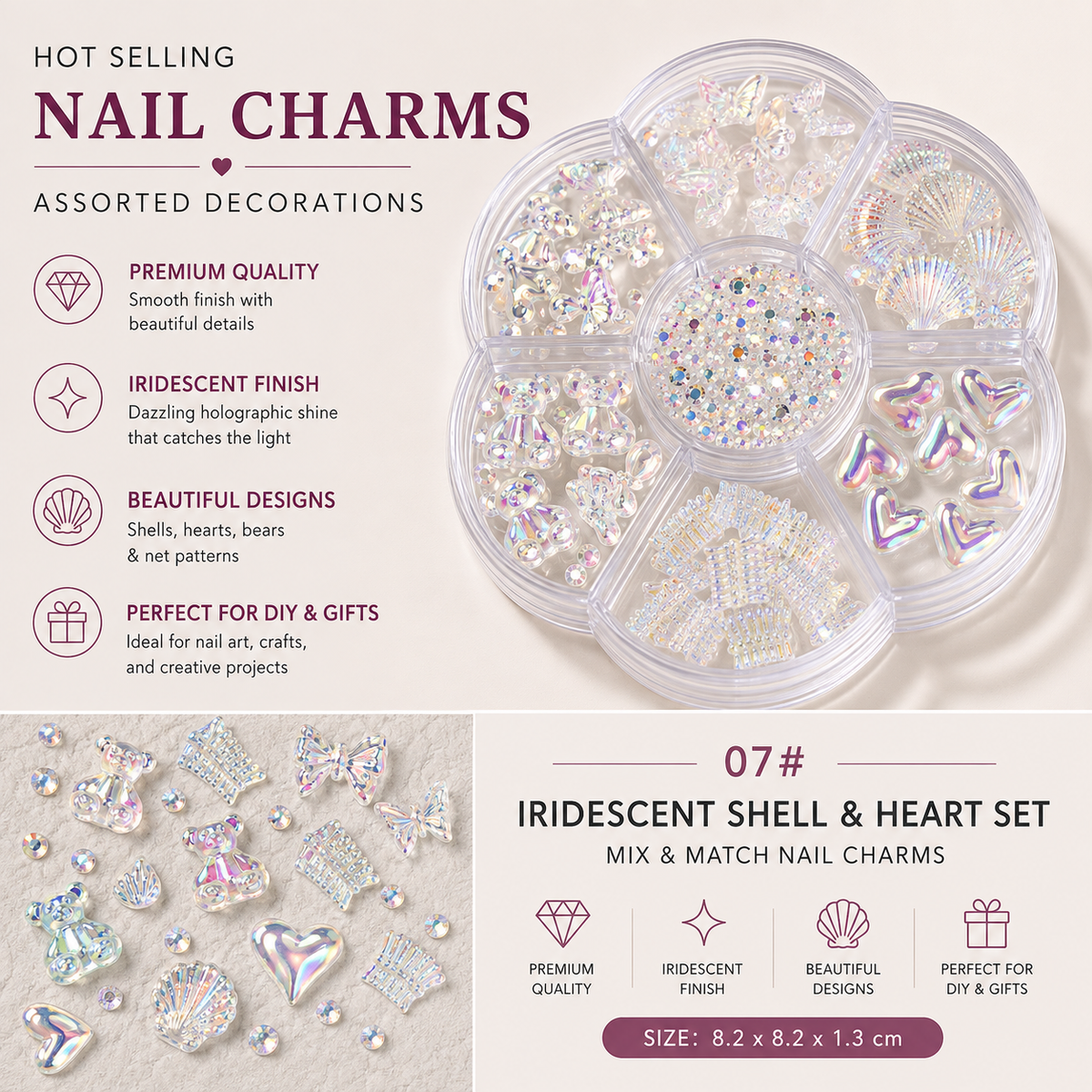 7-Grid Nail Art Charm Box | Aurora, Bows, Bears, Rhinestones & More