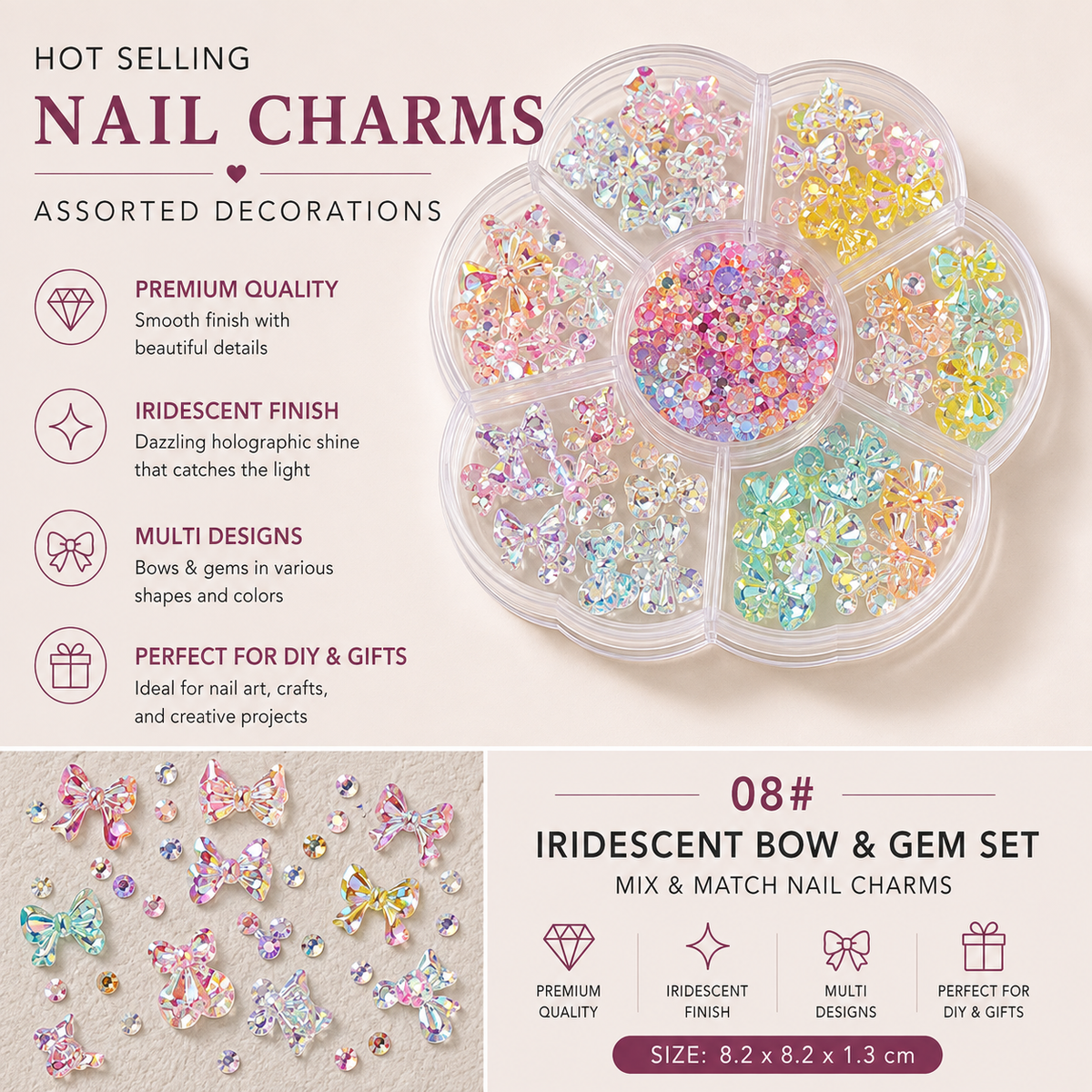 7-Grid Nail Art Charm Box | Aurora, Bows, Bears, Rhinestones & More