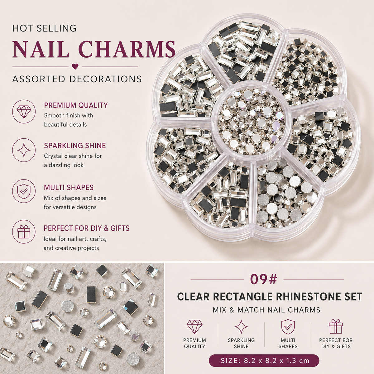 7-Grid Nail Art Charm Box | Aurora, Bows, Bears, Rhinestones & More